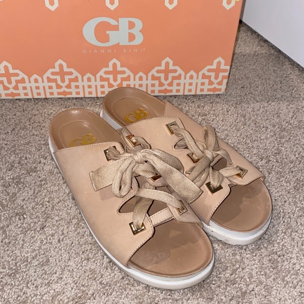 Gianni Bini Beige Women's Mules with Gold Accents